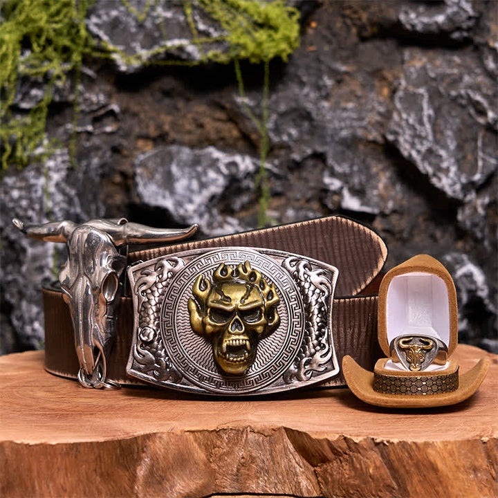 Totenkopf DIY Verstecktes Messer Gürtelschnalle Longhorn Anhänger Bull Ring Bundle Set