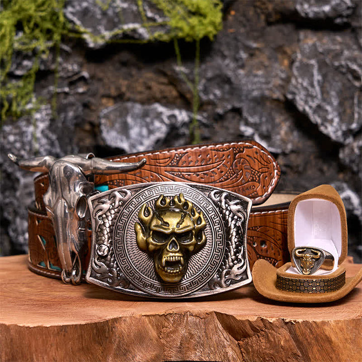 Totenkopf DIY Verstecktes Messer Gürtelschnalle Longhorn Anhänger Bull Ring Bundle Set