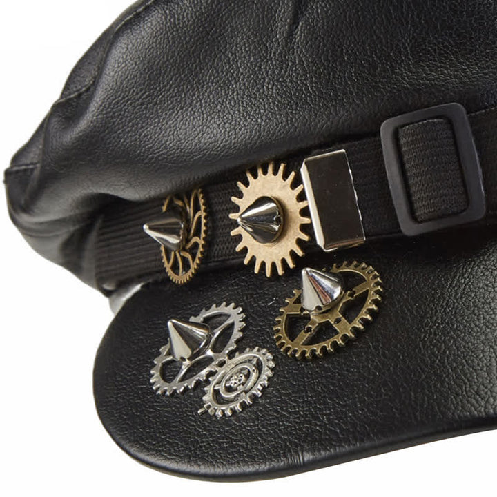Steampunk Gear Goggler Baskenmütze aus schwarzem Leder