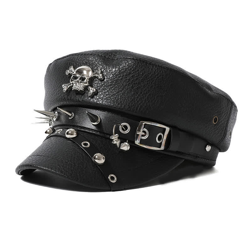 Damen Stilvolle Totenkopf-Nieten-Marine-Kappe Schwarze Leder-Baskenmütze