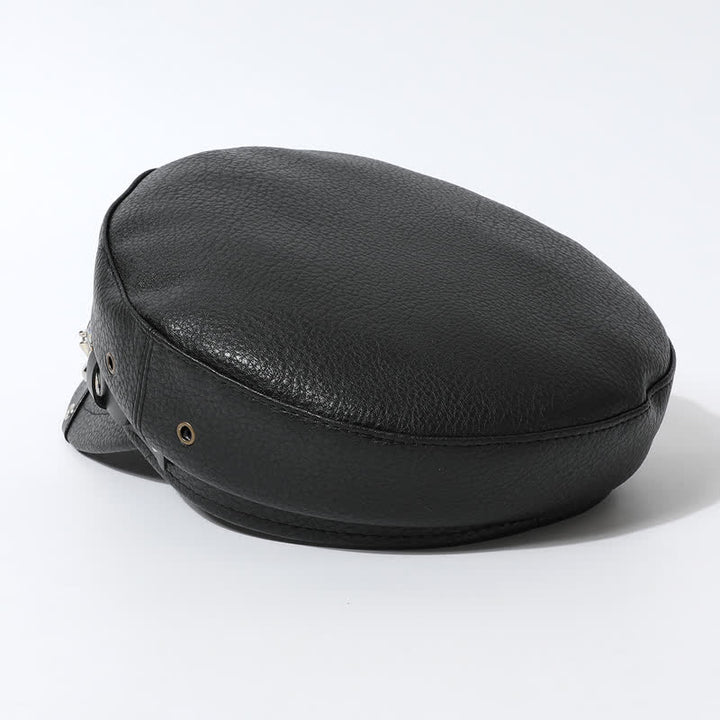 Damen Stilvolle Totenkopf-Nieten-Marine-Kappe Schwarze Leder-Baskenmütze