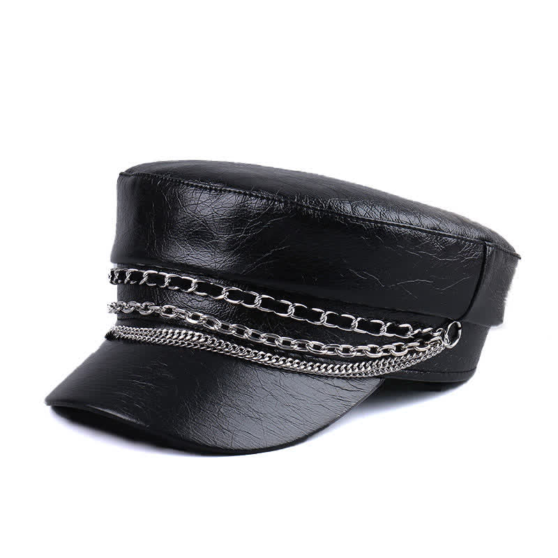 Damen Baskenmütze aus schwarzem Leder mit verzierter Kette und flachem Oberteil