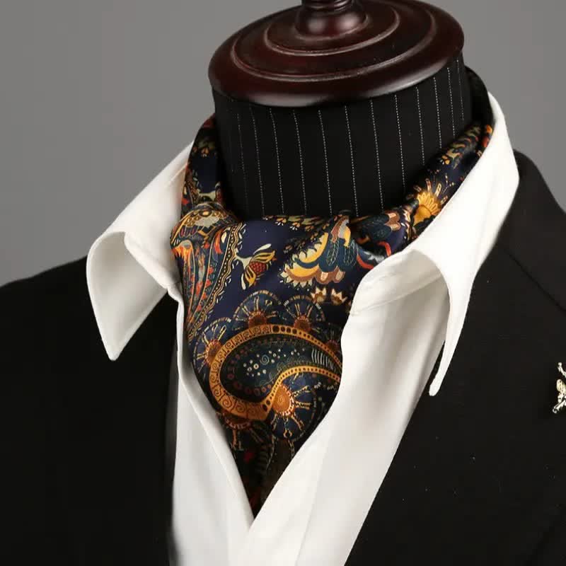 Dünner, langer Seidenschal mit Paisley-Muster für Herren in Marineblau und Gold