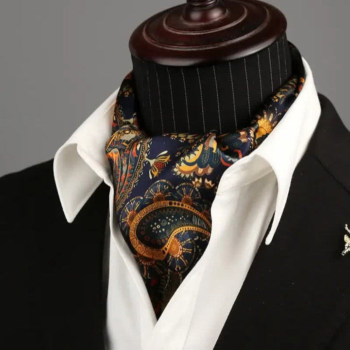 Dünner, langer Seidenschal mit Paisley-Muster für Herren in Marineblau und Gold