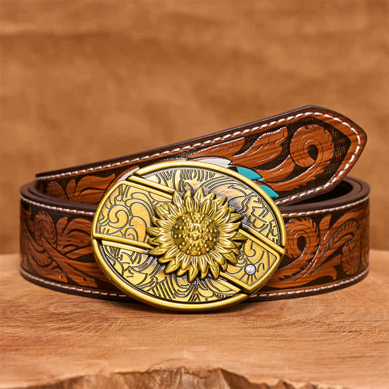 Herren DIY Bronze Sonnenblume verstecktes Klappmesser Ledergürtel - Sonnenblume - Brauner Federgürtel - 40 - image 10