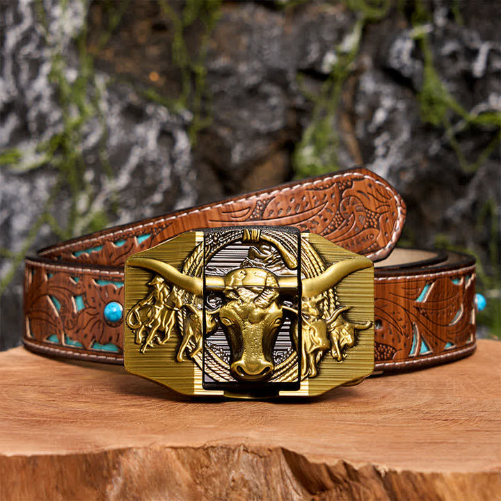 DIY Golden Domineering Bull Ledergürtel für Herren mit verstecktem Feuerzeug - Longhorn-Bulle - Türkisfarbener geschnitzter Gürtel - 42 - image 7