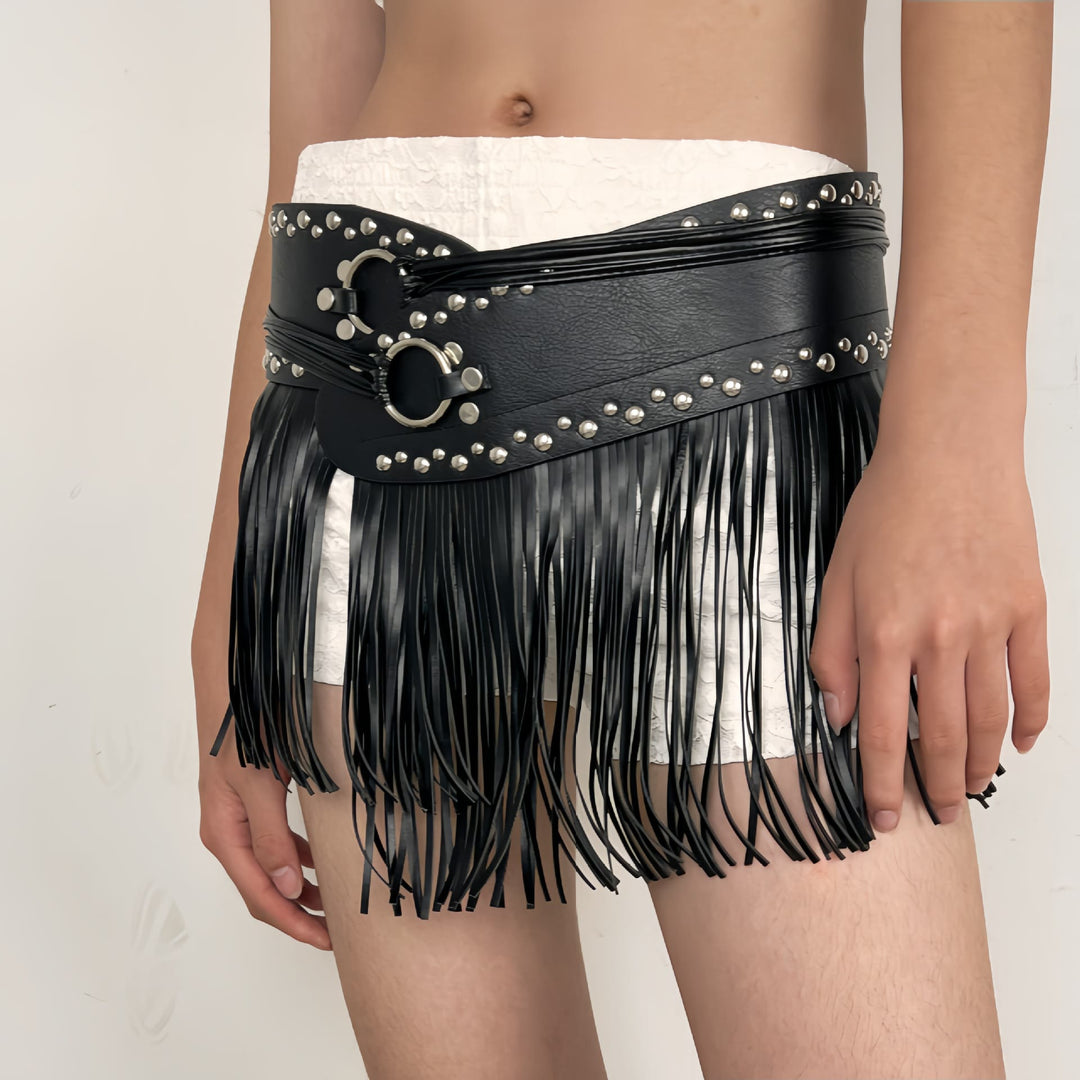 Western Cowboy Damen Hippie Quaste Leder Korsettgürtel - Schwarzer Quastenriemen - image 4