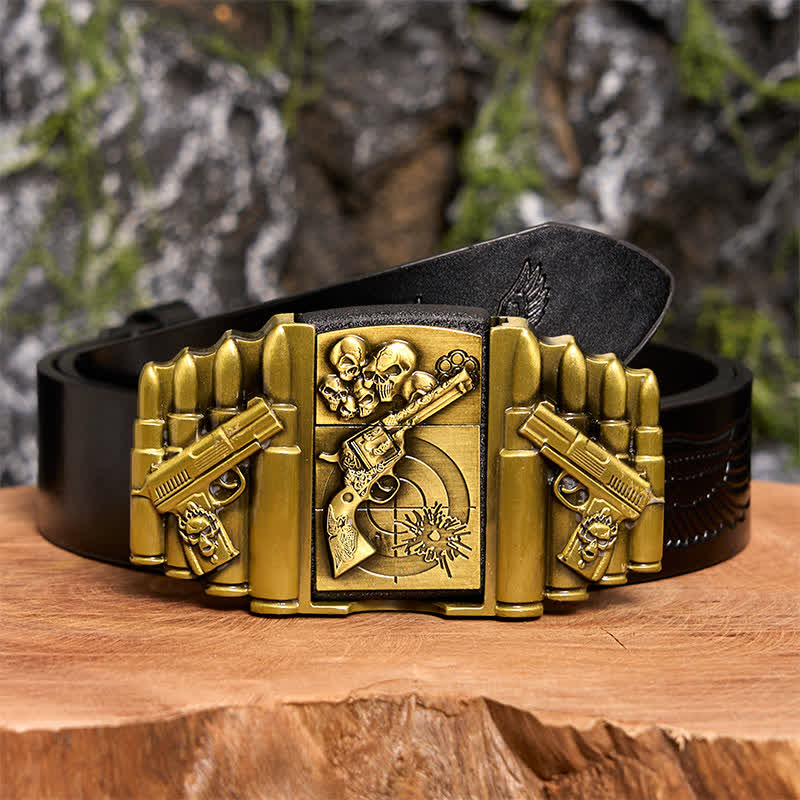 DIY-Ledergürtel für Herren mit bronzefarbenem Pistolen- und Totenkopfmuster und verstecktem Feuerzeug - Pistole & Schädel - Schwarzer Gürtel mit geprägtem Adler - 42 - image 3