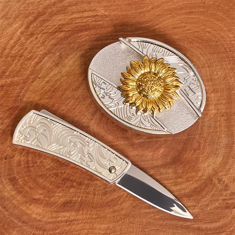 Herren DIY Gold & Silber Sonnenblume verstecktes Klappmesser Ledergürtel - image 1