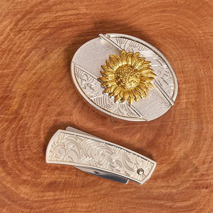 Herren DIY Gold & Silber Sonnenblume verstecktes Klappmesser Ledergürtel - image 2