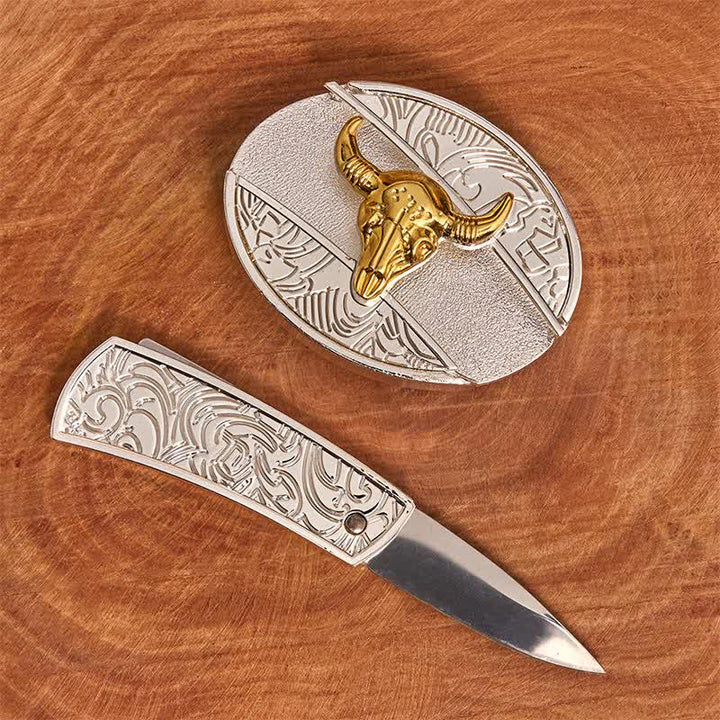Herren DIY Gold & Silber Bull Verstecktes Klappmesser Ledergürtel - image 1