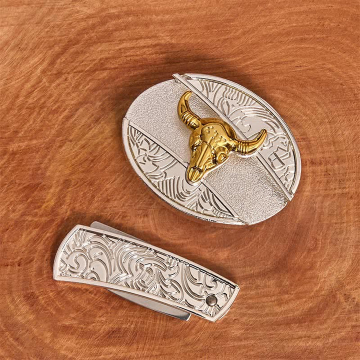 Herren DIY Gold & Silber Bull Verstecktes Klappmesser Ledergürtel - image 2