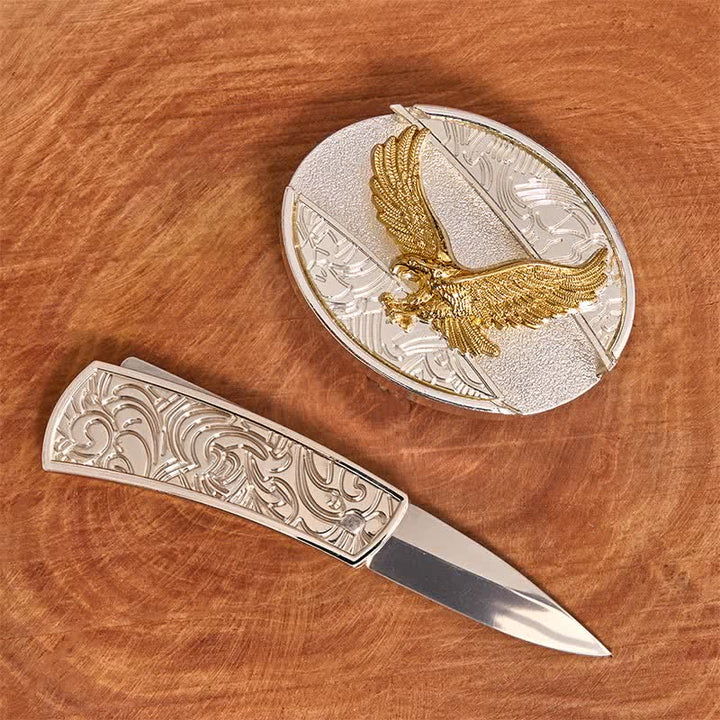 Herren DIY Gold & Silber Adler Verstecktes Klappmesser Ledergürtel - image 1