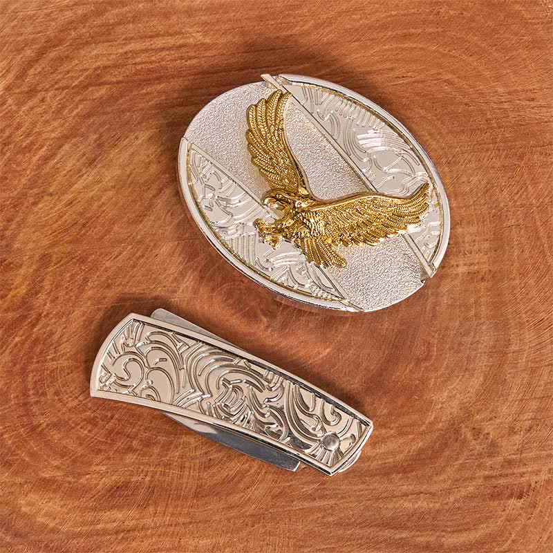Herren DIY Gold & Silber Adler Verstecktes Klappmesser Ledergürtel - image 2