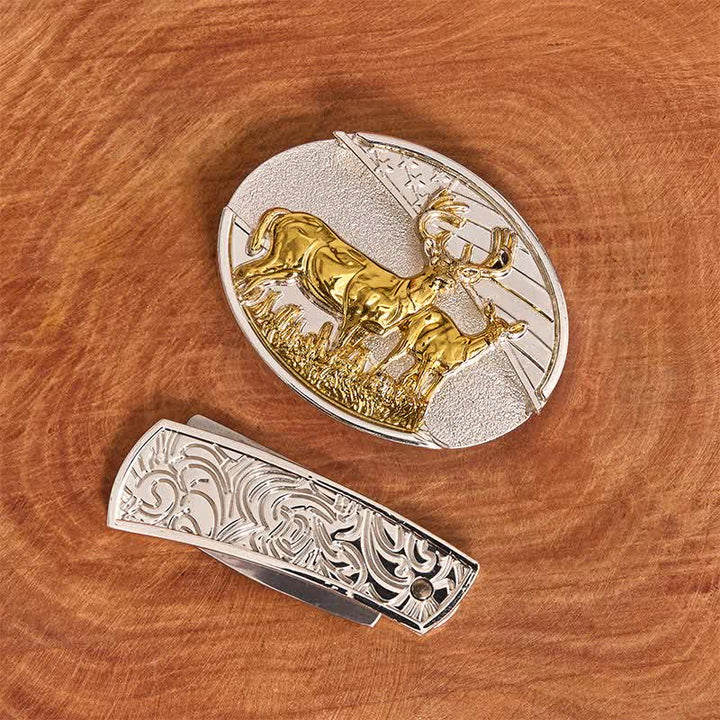 Herren DIY Gold & Silber Hirsche Verstecktes Klappmesser Ledergürtel - image 2