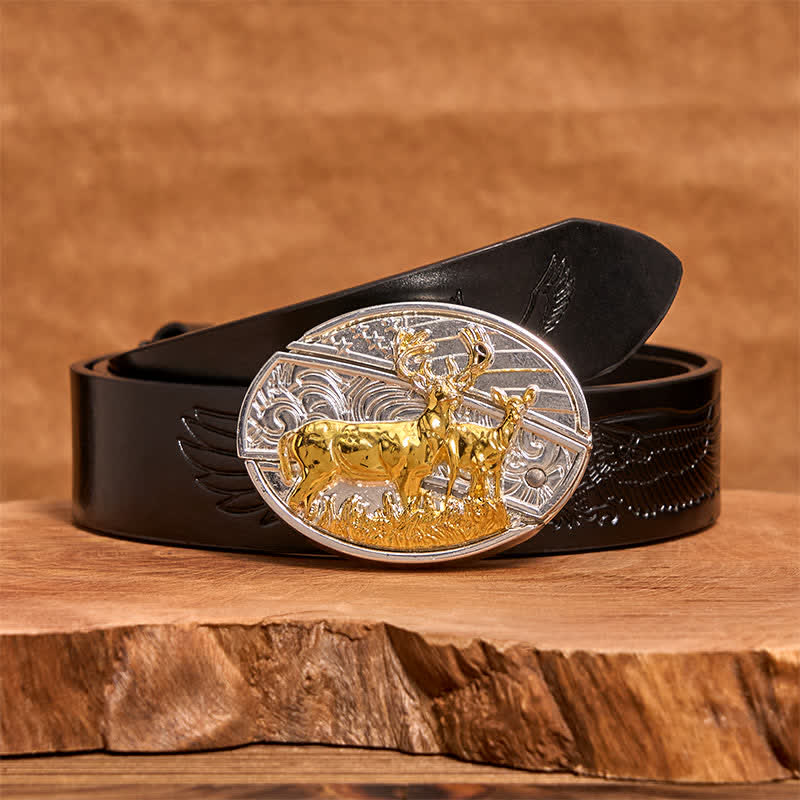 Herren DIY Gold & Silber Hirsche Verstecktes Klappmesser Ledergürtel - Reh - Schwarzer Gürtel mit geprägtem Adler - 42 - image 4