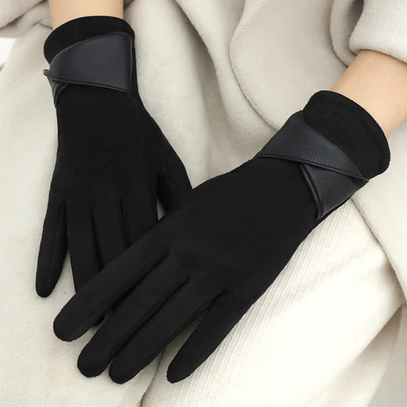 Einfarbige, warme, mit Fleece gefütterte Wildlederhandschuhe für Damen - Schwarz - image 17