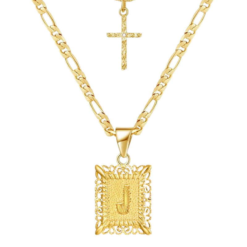 Goldene quadratische Buchstaben- und Kreuz-Halskette mit Doppelkette - J - image 12