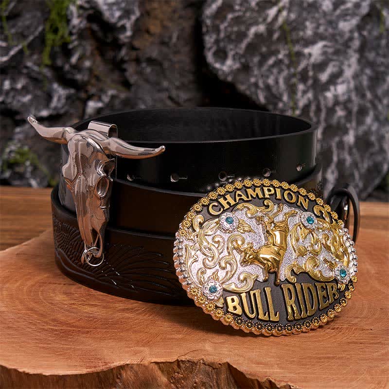 Goldene DIY Bull Rider Gürtelschnalle Longhorn Bull Anhänger Bundle Set - Bullenreiter - Schwarzer Gürtel mit geprägtem Adler - 42 - image 3