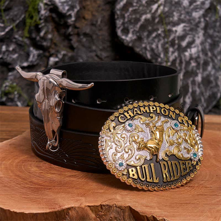 Goldene DIY Bull Rider Gürtelschnalle Longhorn Bull Anhänger Bundle Set - Bullenreiter - Schwarzer Gürtel mit geprägtem Adler - 42 - image 3