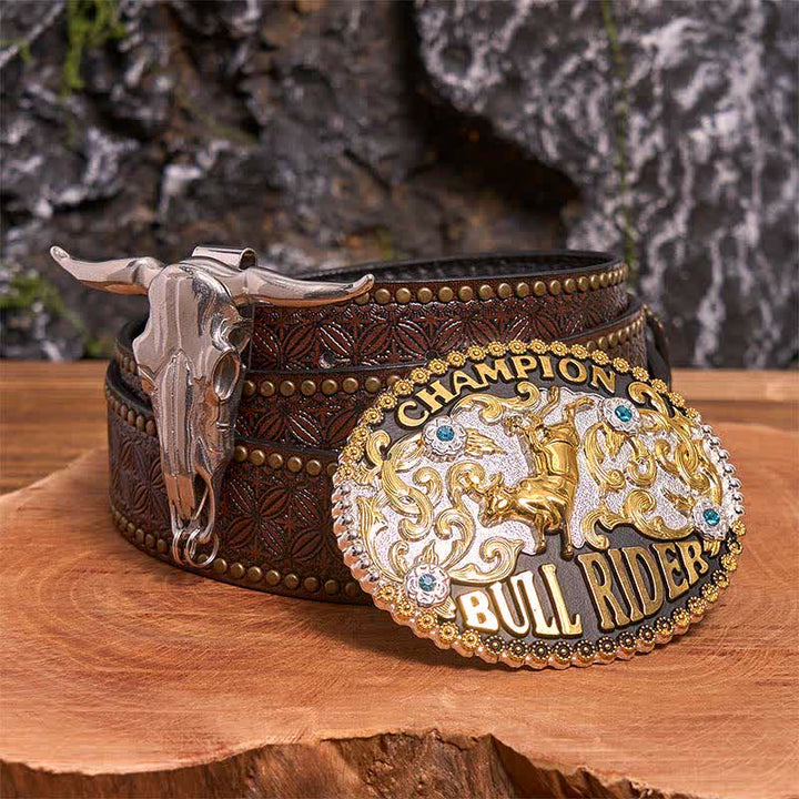 Goldene DIY Bull Rider Gürtelschnalle Longhorn Bull Anhänger Bundle Set - Bullenreiter - Brauner Nietengürtel - 42 - image 4