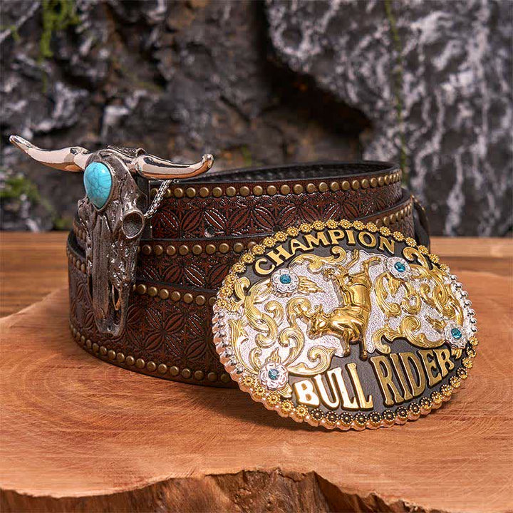 Bull Rider DIY Gürtelschnalle Türkis Longhorn Bull Anhänger Bundle Set - Bullenreiter - Brauner Nietengürtel - 42 - image 4