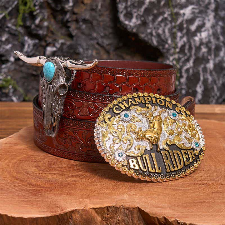 Bull Rider DIY Gürtelschnalle Türkis Longhorn Bull Anhänger Bundle Set - Bullenreiter - Brauner geschnitzter Gürtel - 42 - image 6