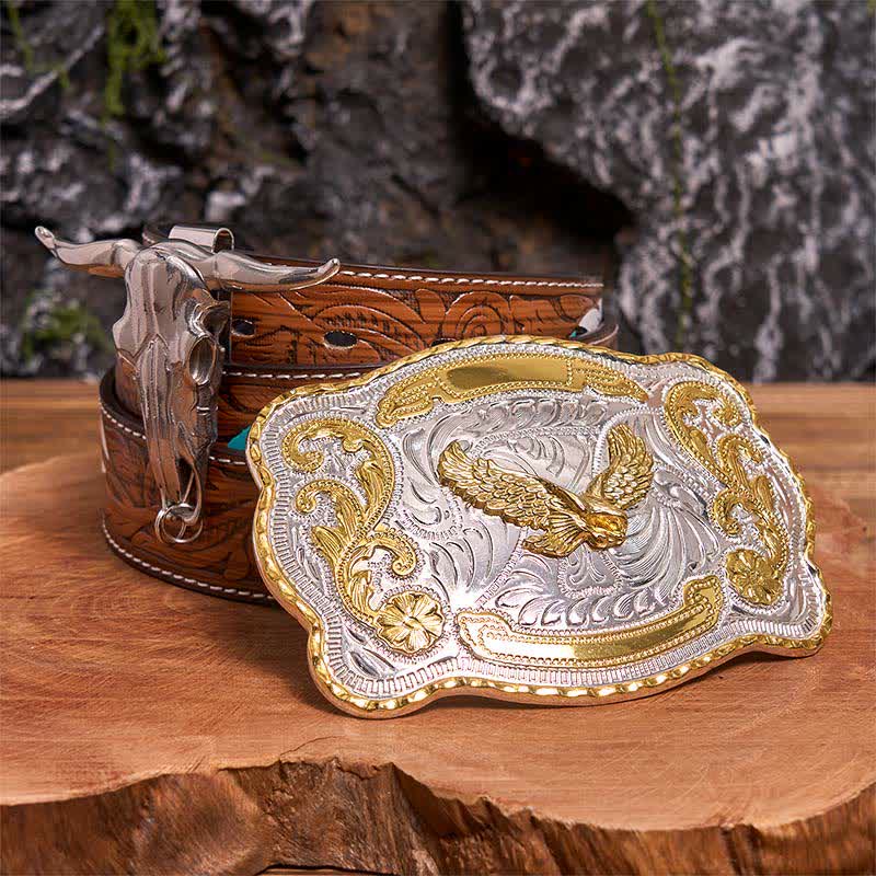 Gold Flying Eagle DIY Gürtelschnalle Longhorn Bull Anhänger Bundle Set - Fliegender Adler - Brauner Federgürtel - 40 - image 7