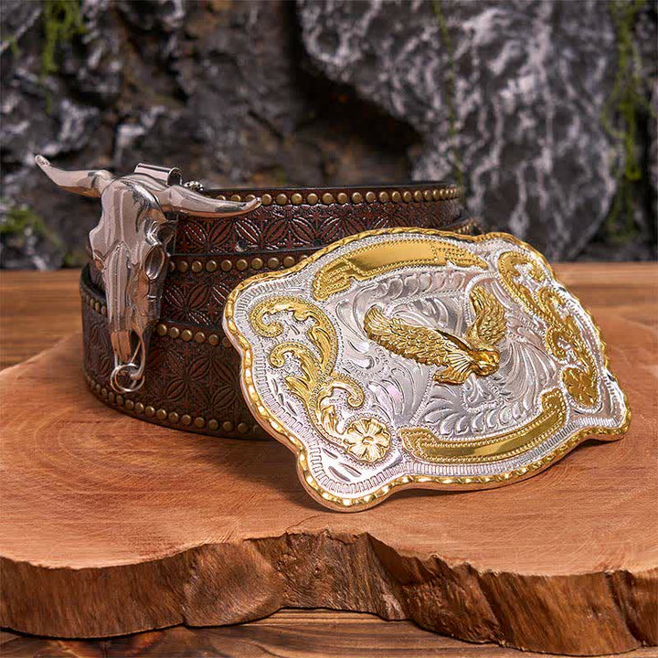 Gold Flying Eagle DIY Gürtelschnalle Longhorn Bull Anhänger Bundle Set - Fliegender Adler - Brauner Nietengürtel - 42 - image 4
