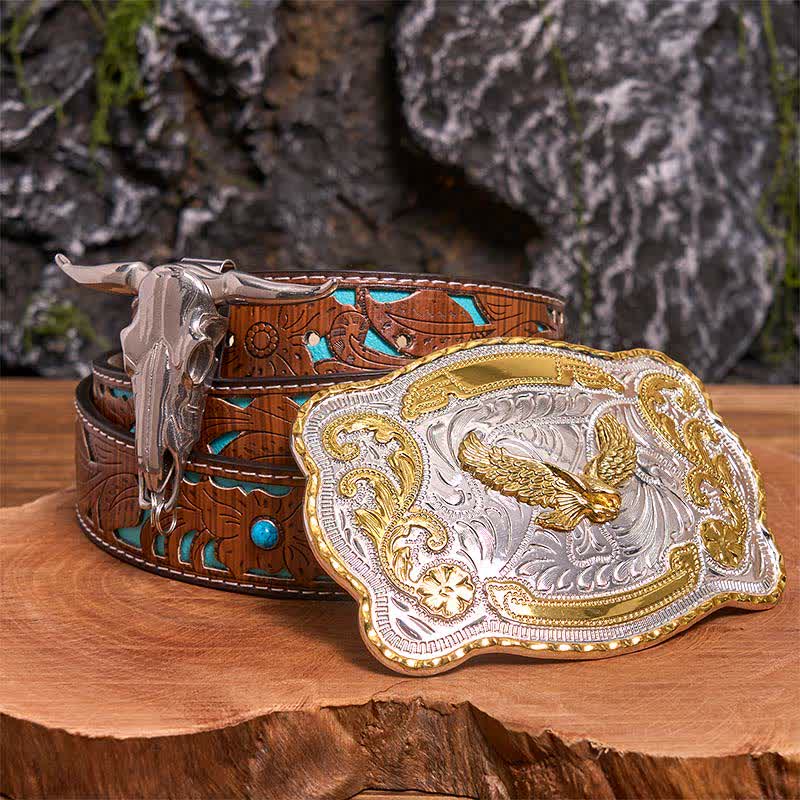 Gold Flying Eagle DIY Gürtelschnalle Longhorn Bull Anhänger Bundle Set - Fliegender Adler - Türkisfarbener geschnitzter Gürtel - 42 - image 3