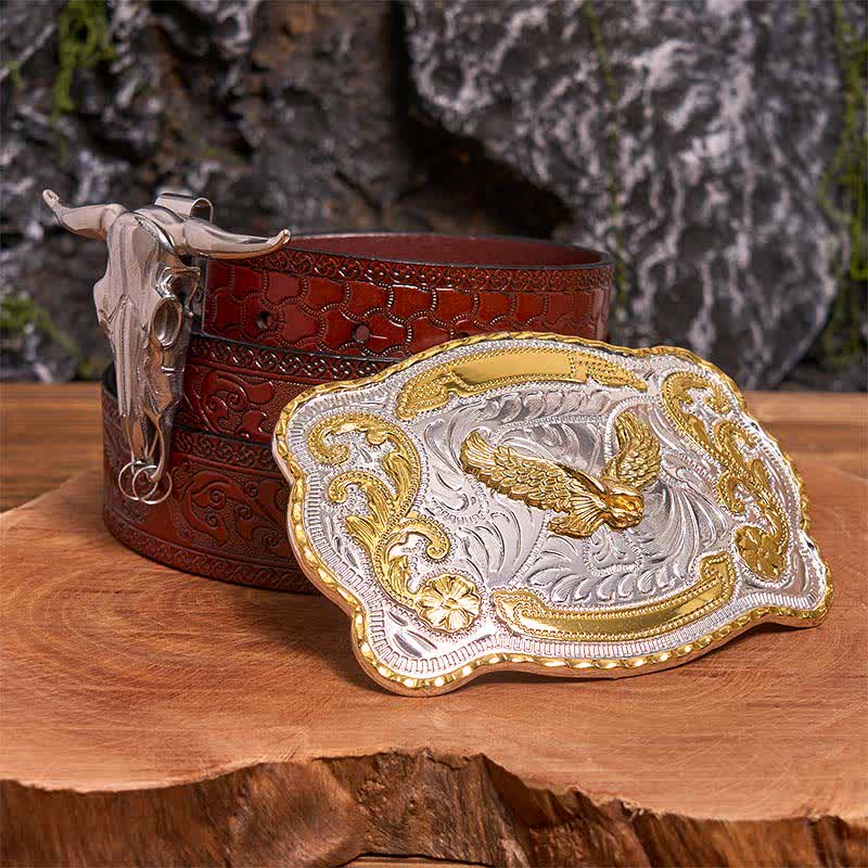 Gold Flying Eagle DIY Gürtelschnalle Longhorn Bull Anhänger Bundle Set - Fliegender Adler - Brauner geschnitzter Gürtel - 42 - image 6