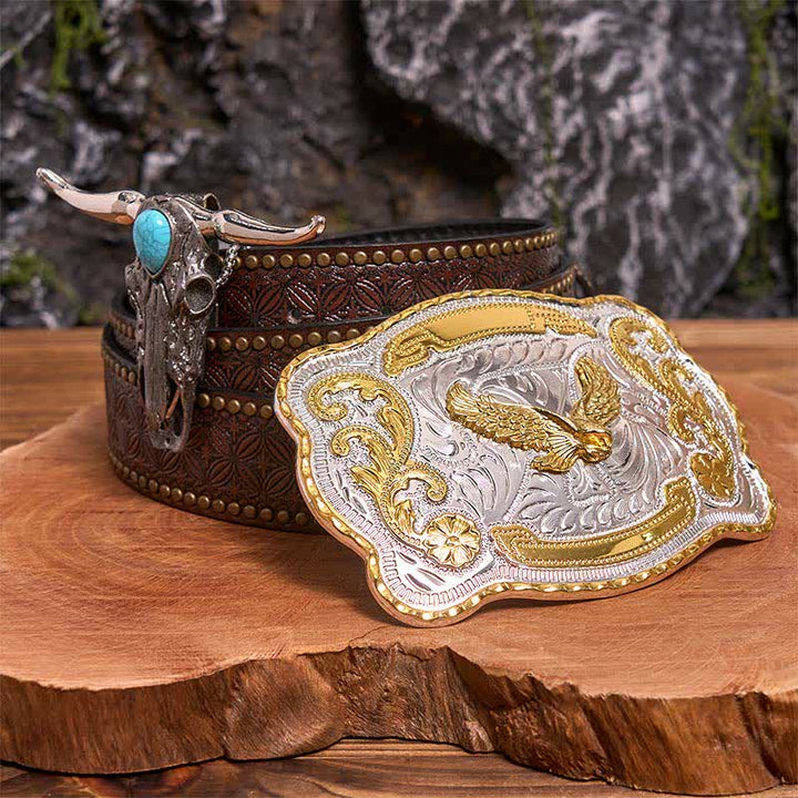 Gold Adler DIY Gürtelschnalle Türkis Longhorn Bull Anhänger Bundle Set - Fliegender Adler - Brauner Nietengürtel - 42 - image 4