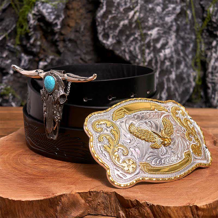 Gold Adler DIY Gürtelschnalle Türkis Longhorn Bull Anhänger Bundle Set - Fliegender Adler - Schwarzer Gürtel mit geprägtem Adler - 42 - image 0