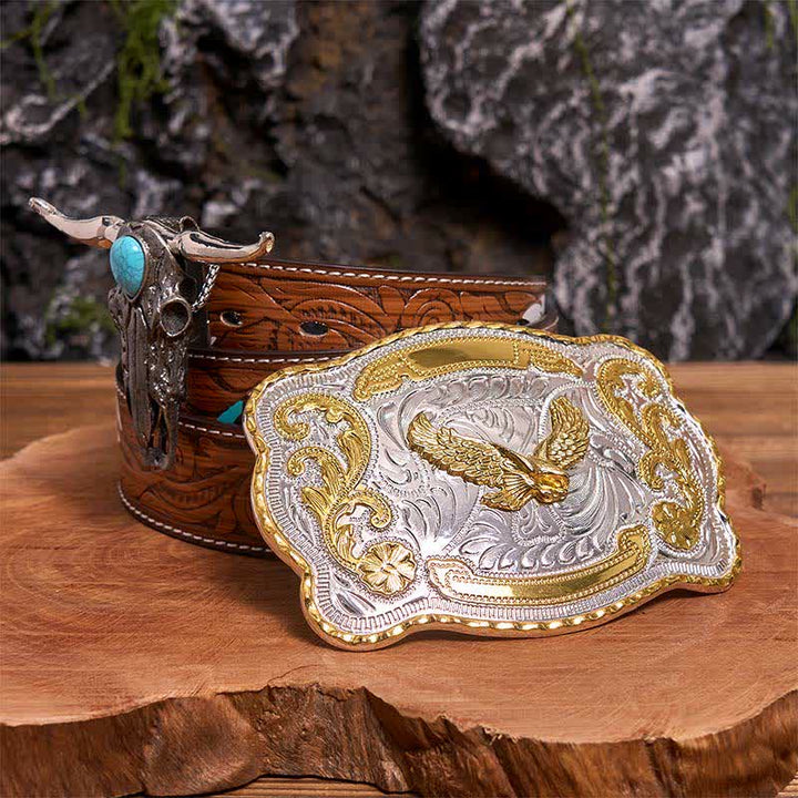 Gold Adler DIY Gürtelschnalle Türkis Longhorn Bull Anhänger Bundle Set - Fliegender Adler - Brauner Federgürtel - 40 - image 7