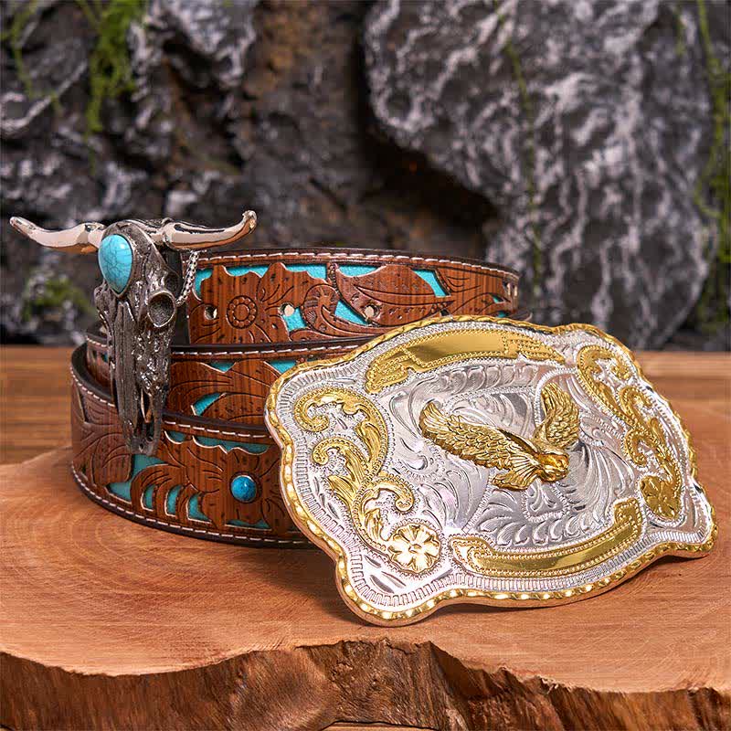 Gold Adler DIY Gürtelschnalle Türkis Longhorn Bull Anhänger Bundle Set - Fliegender Adler - Türkisfarbener geschnitzter Gürtel - 42 - image 3