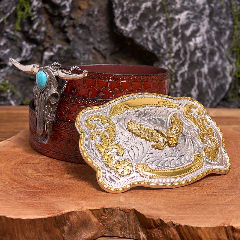 Gold Adler DIY Gürtelschnalle Türkis Longhorn Bull Anhänger Bundle Set - Fliegender Adler - Brauner geschnitzter Gürtel - 42 - image 6