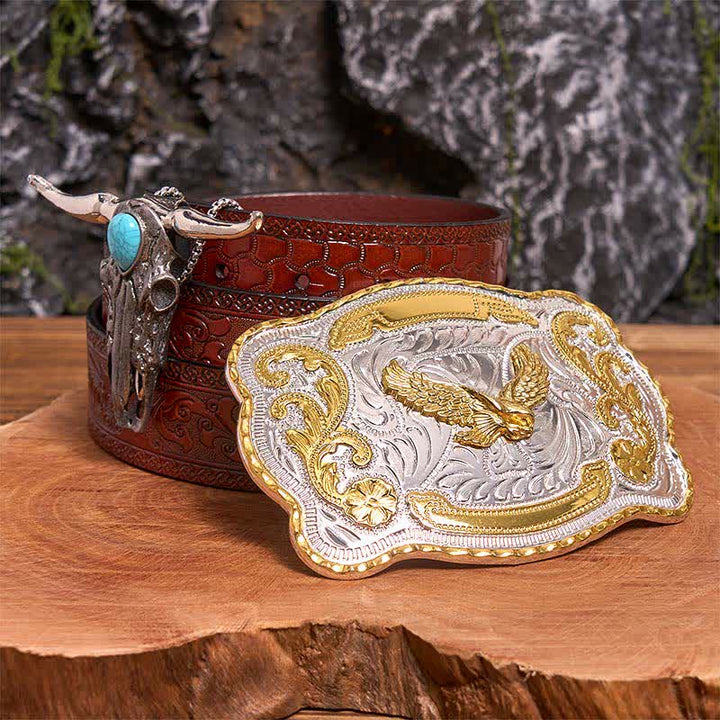 Gold Adler DIY Gürtelschnalle Türkis Longhorn Bull Anhänger Bundle Set - Fliegender Adler - Brauner geschnitzter Gürtel - 42 - image 6