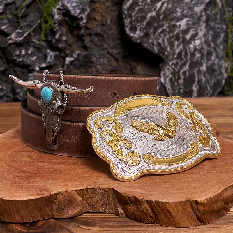 Gold Adler DIY Gürtelschnalle Türkis Longhorn Bull Anhänger Bundle Set - Fliegender Adler - Brauner Distressed-Gürtel - 42 - image 5