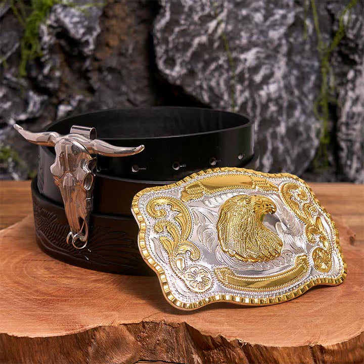 Gold Adlerkopf DIY Gürtelschnalle Longhorn Bull Anhänger Bundle Set - Adlerkopf - Schwarzer Gürtel mit geprägtem Adler - 42 - image 0