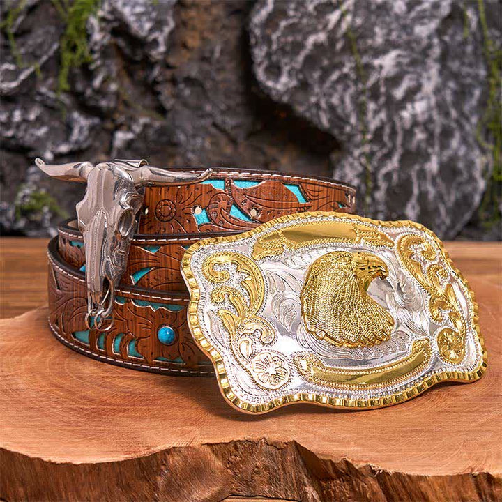 Gold Adlerkopf DIY Gürtelschnalle Longhorn Bull Anhänger Bundle Set - Adlerkopf - Türkisfarbener geschnitzter Gürtel - 42 - image 3