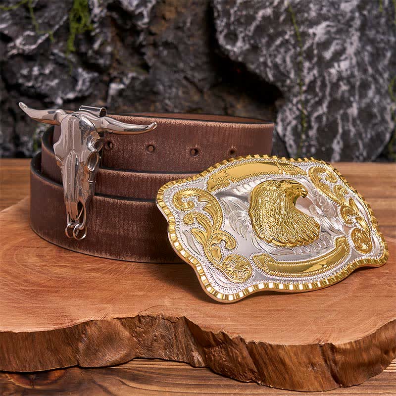 Gold Adlerkopf DIY Gürtelschnalle Longhorn Bull Anhänger Bundle Set - Adlerkopf - Brauner Distressed-Gürtel - 42 - image 5