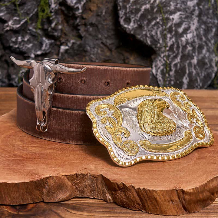 Gold Adlerkopf DIY Gürtelschnalle Longhorn Bull Anhänger Bundle Set - Adlerkopf - Brauner Distressed-Gürtel - 42 - image 5