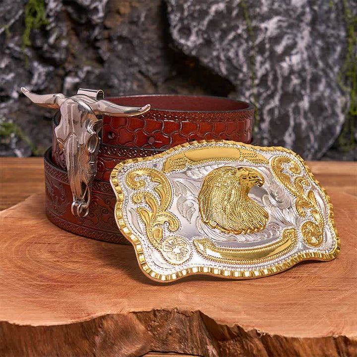 Gold Adlerkopf DIY Gürtelschnalle Longhorn Bull Anhänger Bundle Set - Adlerkopf - Brauner geschnitzter Gürtel - 42 - image 6