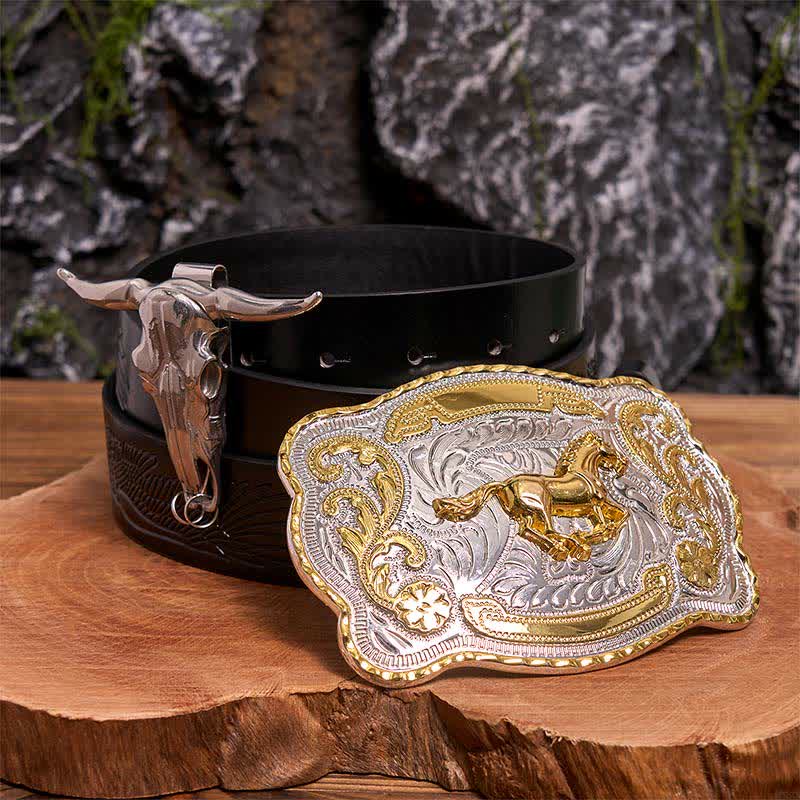 Gold Pferd DIY Gürtelschnalle Longhorn Bull Anhänger Bundle Set - Pferd - Schwarzer Gürtel mit geprägtem Adler - 42 - image 3