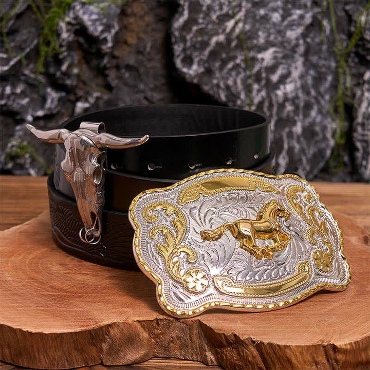 Gold Pferd DIY Gürtelschnalle Longhorn Bull Anhänger Bundle Set - Pferd - Schwarzer Gürtel mit geprägtem Adler - 42 - image 3