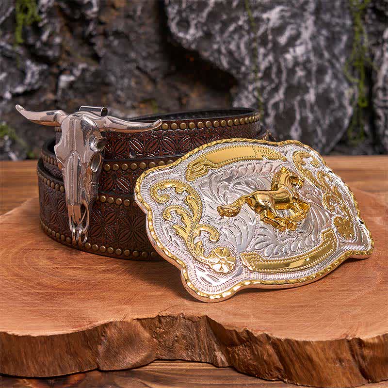Gold Pferd DIY Gürtelschnalle Longhorn Bull Anhänger Bundle Set - Pferd - Brauner Nietengürtel - 42 - image 5