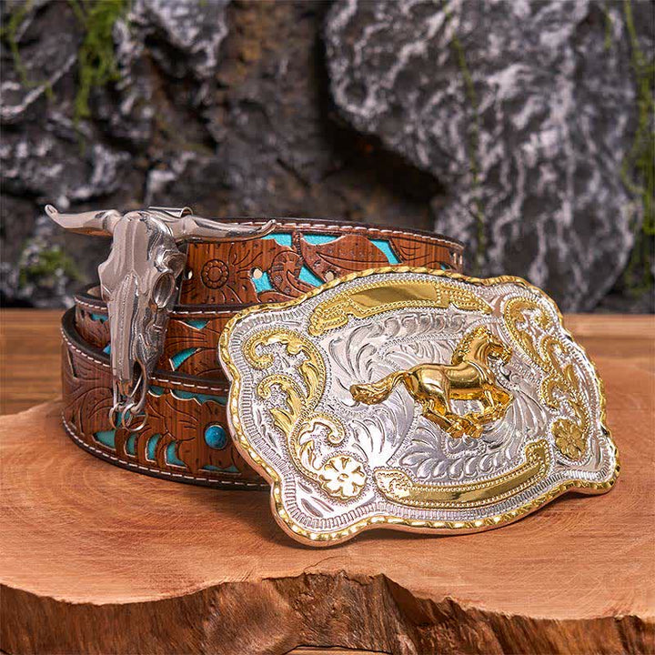 Gold Pferd DIY Gürtelschnalle Longhorn Bull Anhänger Bundle Set - Pferd - Türkisfarbener geschnitzter Gürtel - 42 - image 4