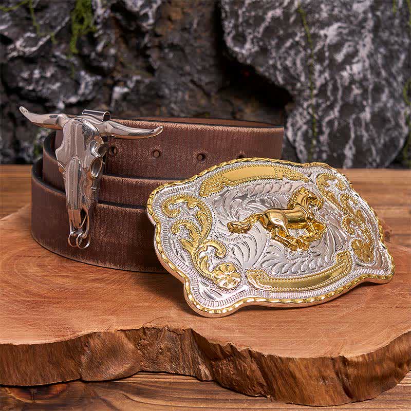 Gold Pferd DIY Gürtelschnalle Longhorn Bull Anhänger Bundle Set - Pferd - Brauner Distressed-Gürtel - 42 - image 6