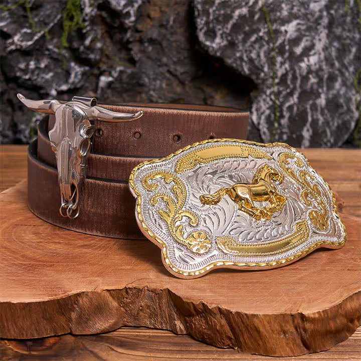 Gold Pferd DIY Gürtelschnalle Longhorn Bull Anhänger Bundle Set - Pferd - Brauner Distressed-Gürtel - 42 - image 6
