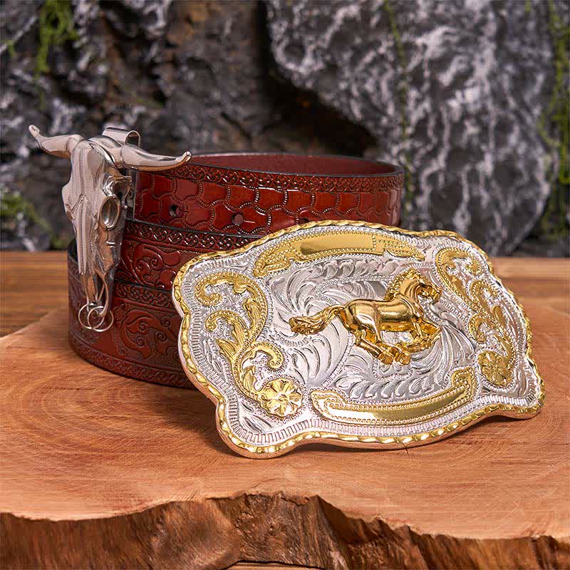 Gold Pferd DIY Gürtelschnalle Longhorn Bull Anhänger Bundle Set - Pferd - Brauner geschnitzter Gürtel - 42 - image 7